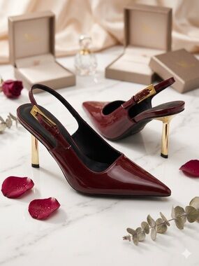 Women's Vertundy Burgundy Patent Slingback Pumps with Gold Heel
